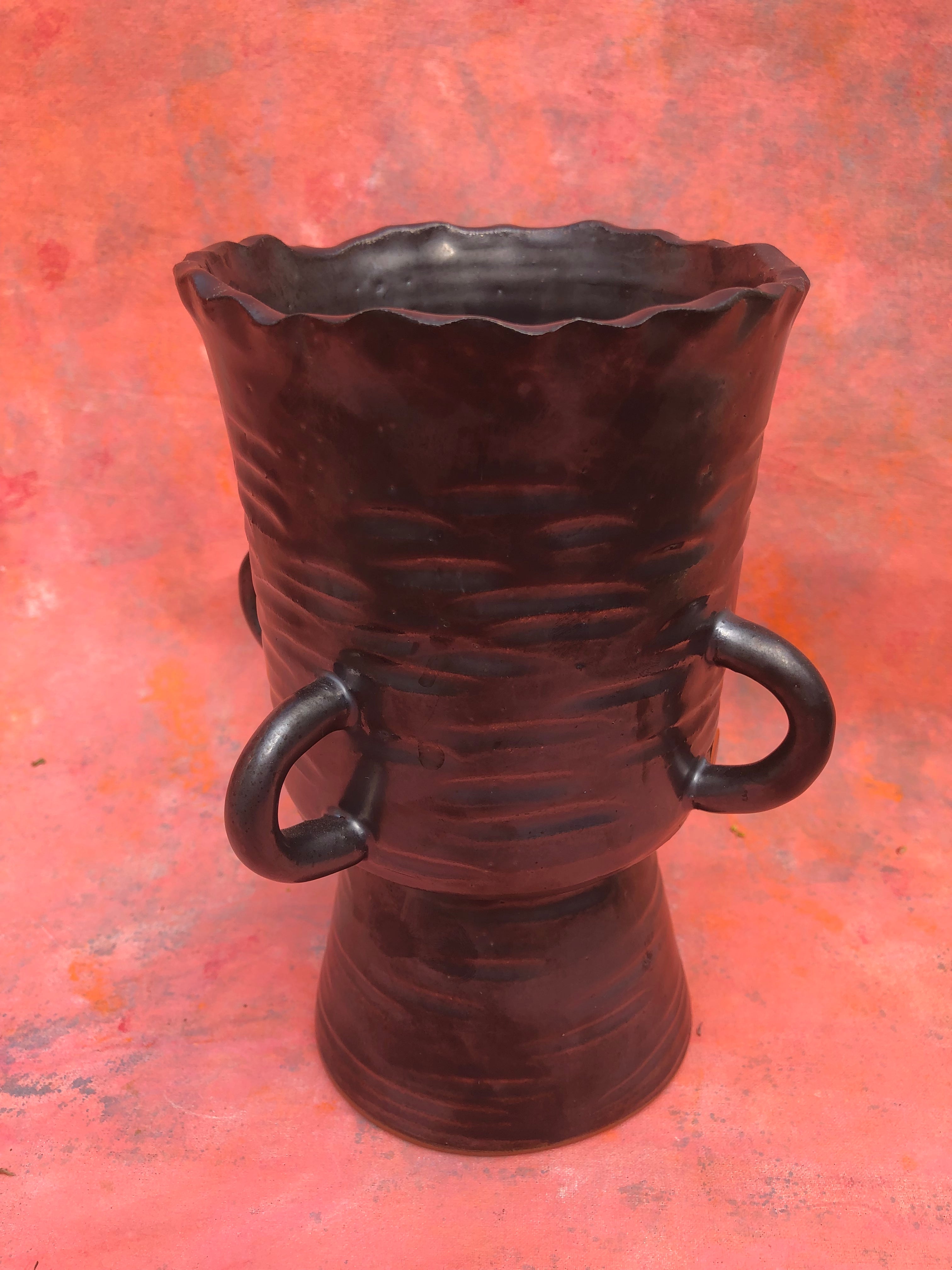 Handmade Ceramic Urn with Pewter Glaze and applied handles