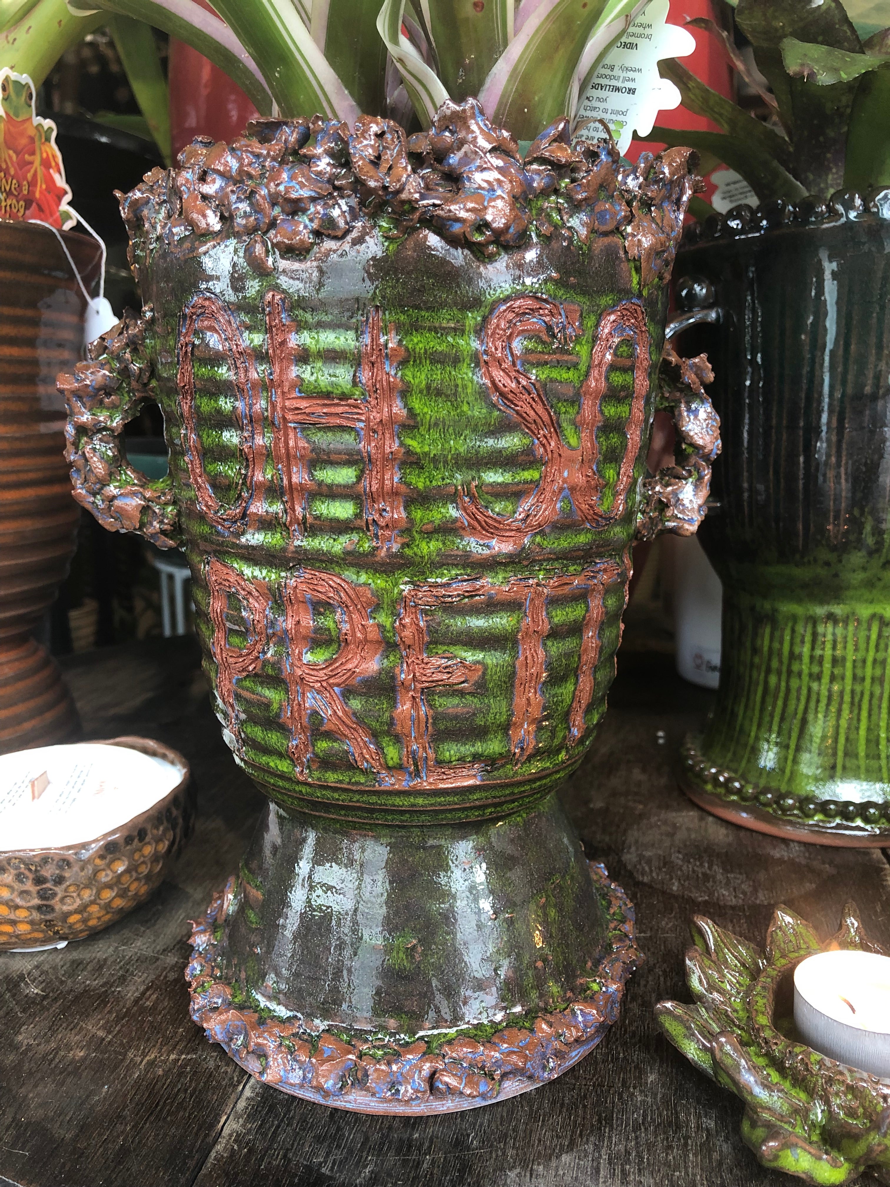 Lime Wheel-Thrown Ceramic Urn with Applied handles