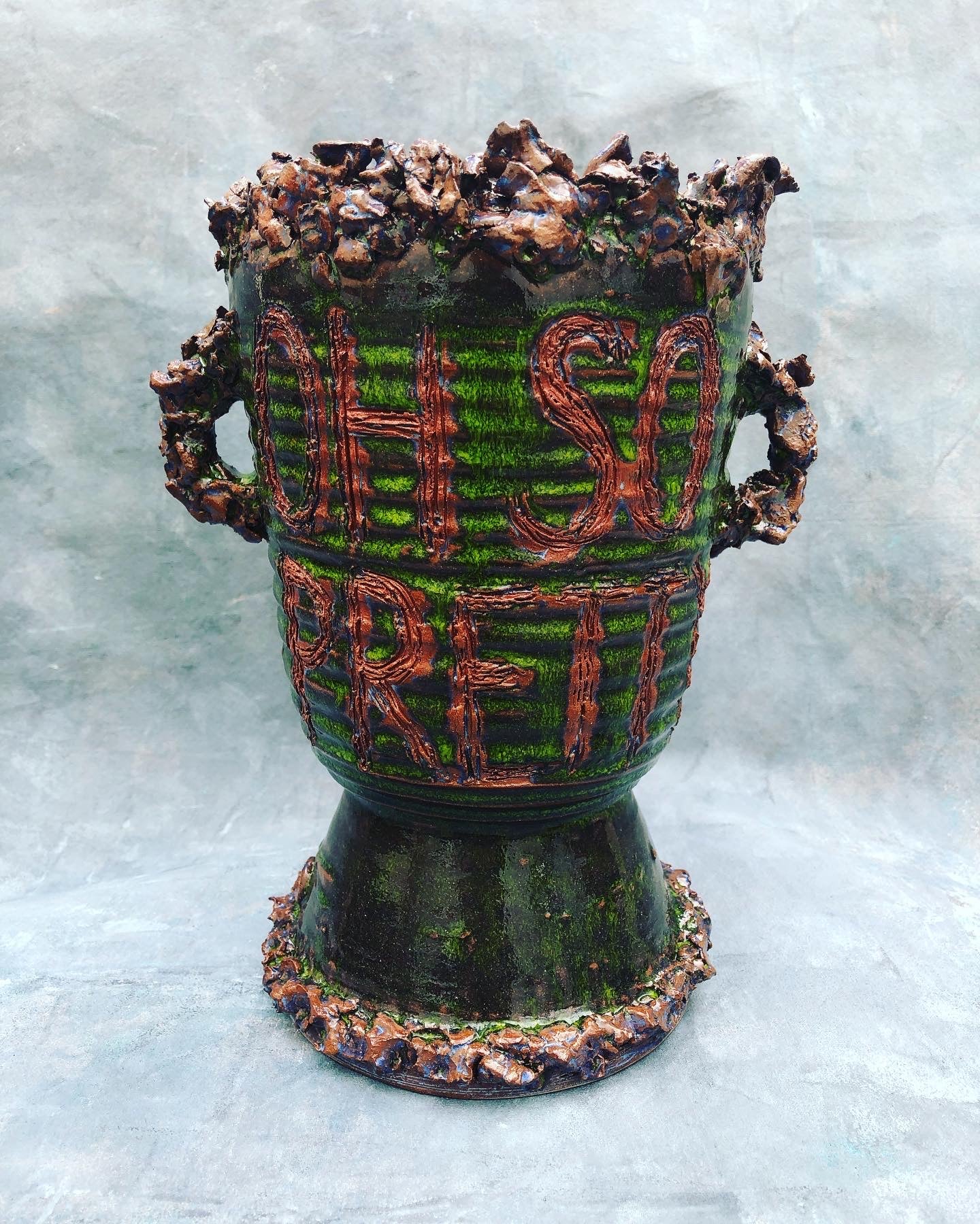 Lime Wheel-Thrown Ceramic Urn with Applied handles